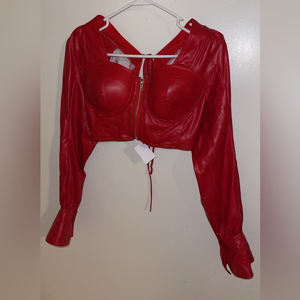 New red leather fashionable crop shirt